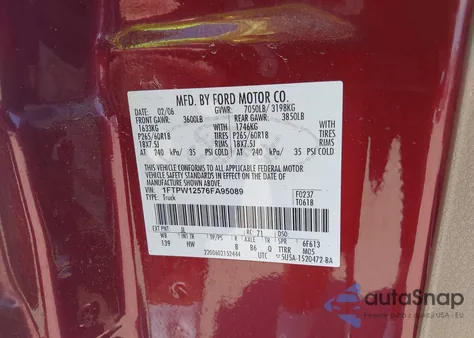 2006 Ford F-150 Lariat/Xlt from USA, damaged, VIN 1FTPW12576FA95089